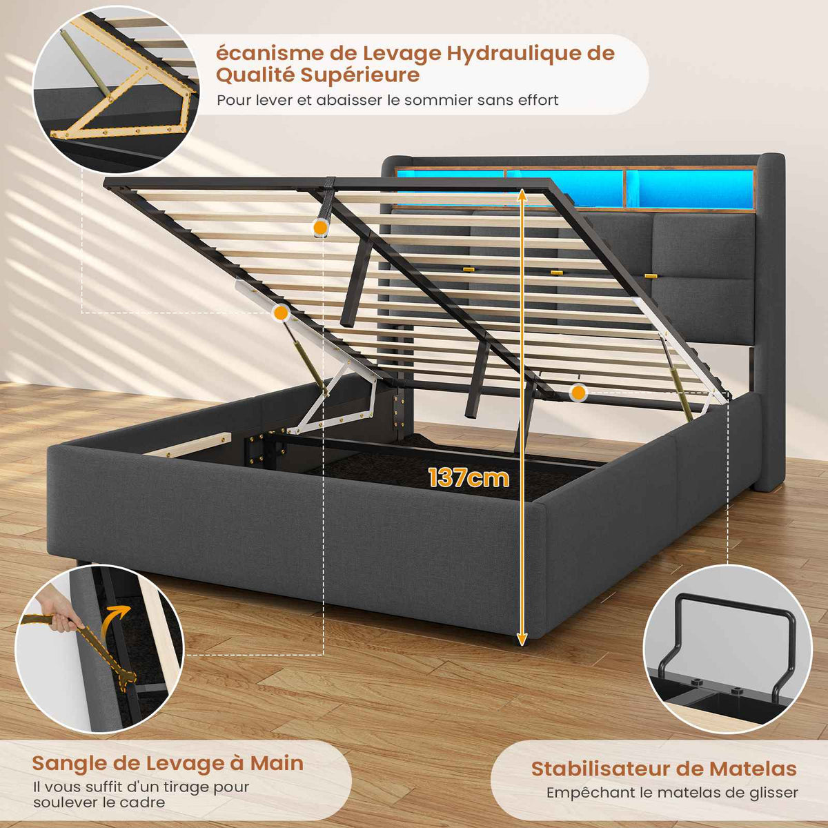 DICTAC Lit Coffre avec Sommier Lumières LED et Prise Cadre de Lit avec Rangement lit 2 Personnes avec Tete de Lits
