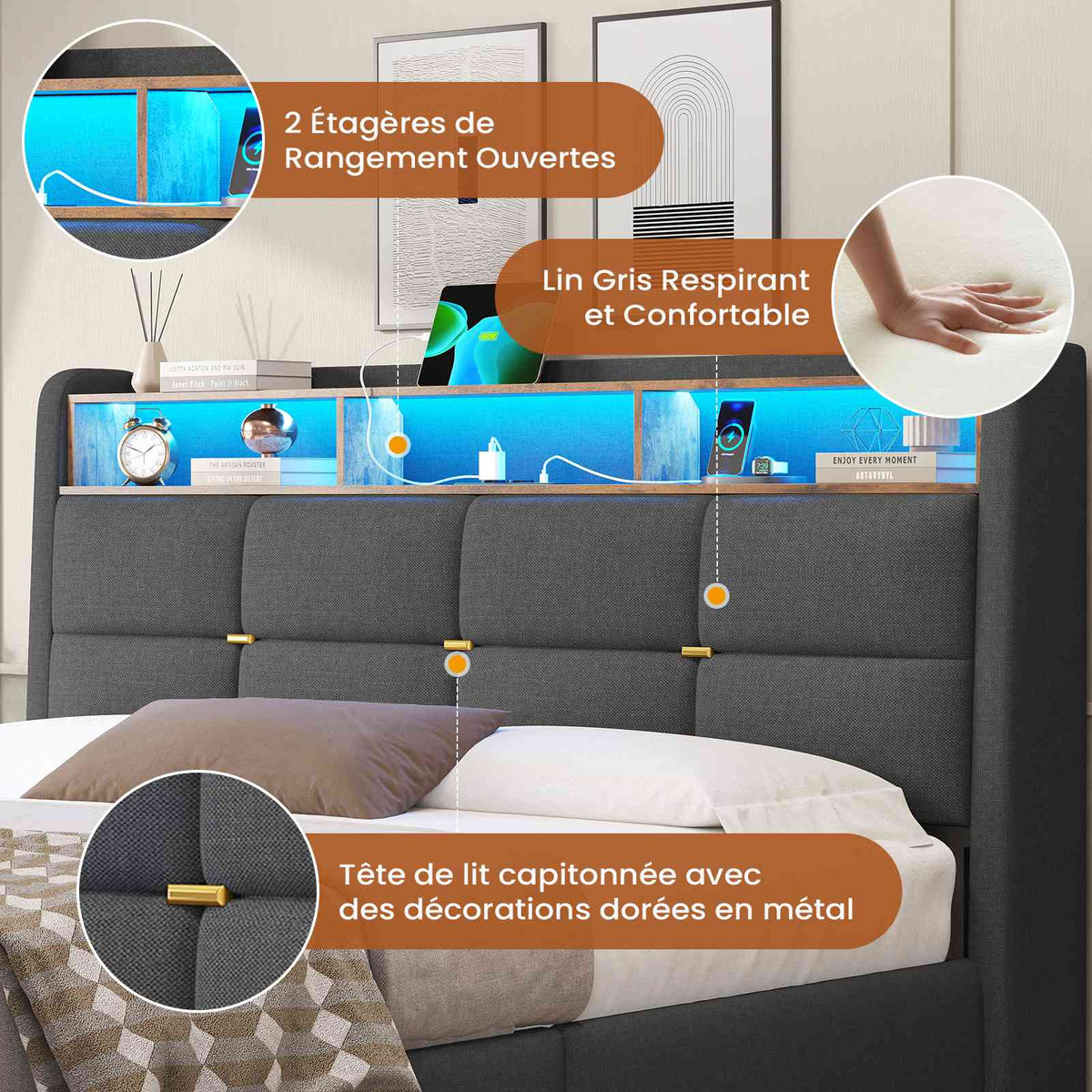 DICTAC Lit Coffre avec Sommier Lumières LED et Prise Cadre de Lit avec Rangement lit 2 Personnes avec Tete de Lits