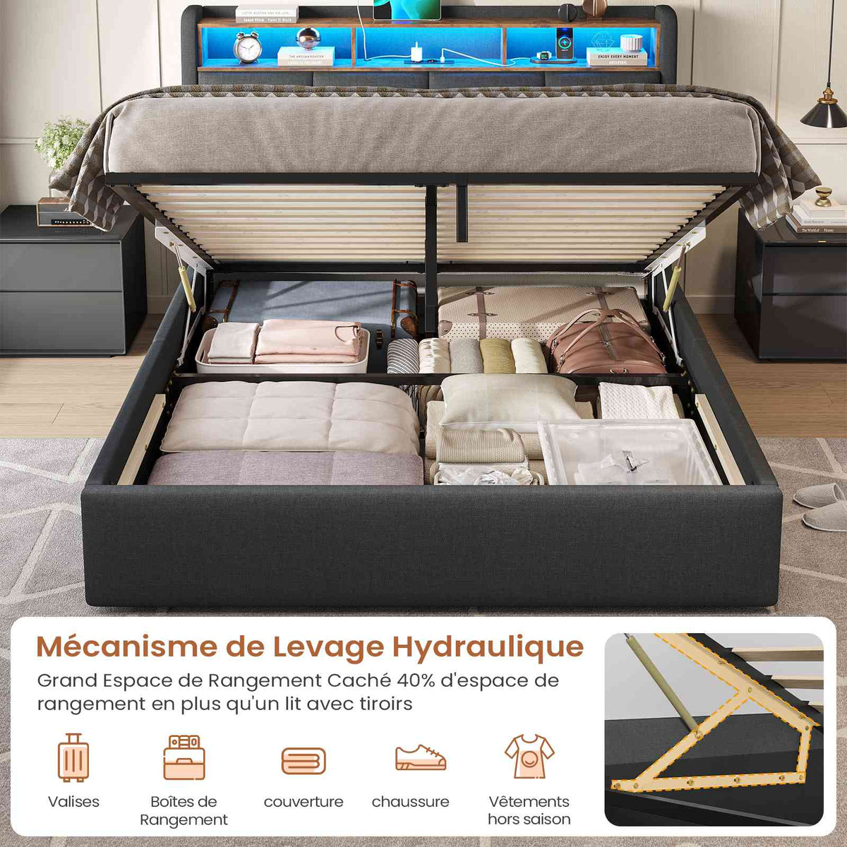 DICTAC Lit Coffre avec Sommier Lumières LED et Prise Cadre de Lit avec Rangement lit 2 Personnes avec Tete de Lits