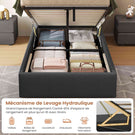 DICTAC Lit Coffre avec Sommier Lumières LED et Prise Cadre de Lit avec Rangement lit 2 Personnes avec Tete de Lits