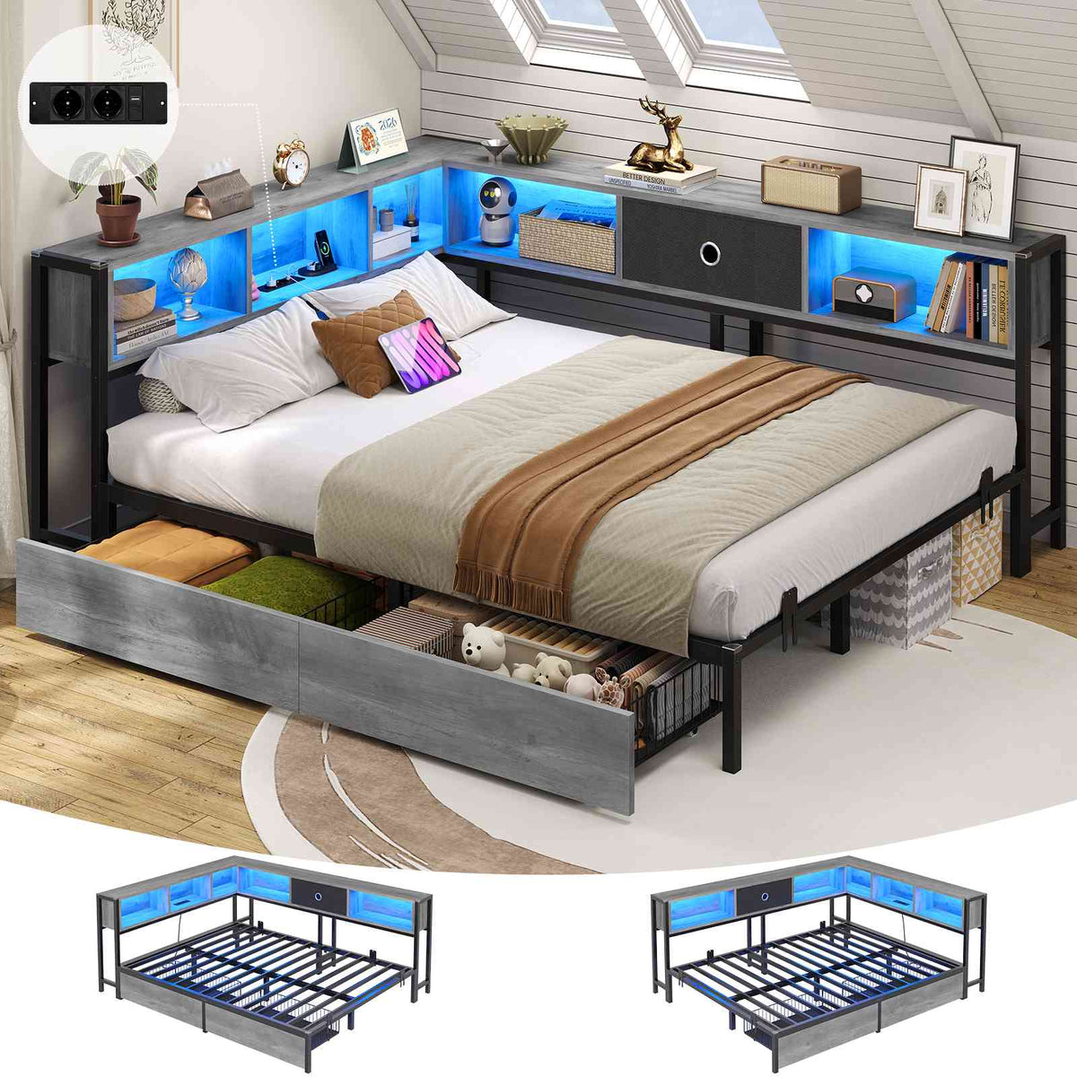 DICTAC Canapé Lit avec éclairage LED et Prise Lits avec sommier en Métal lit Banquette avec 5 Compartiments Rangement