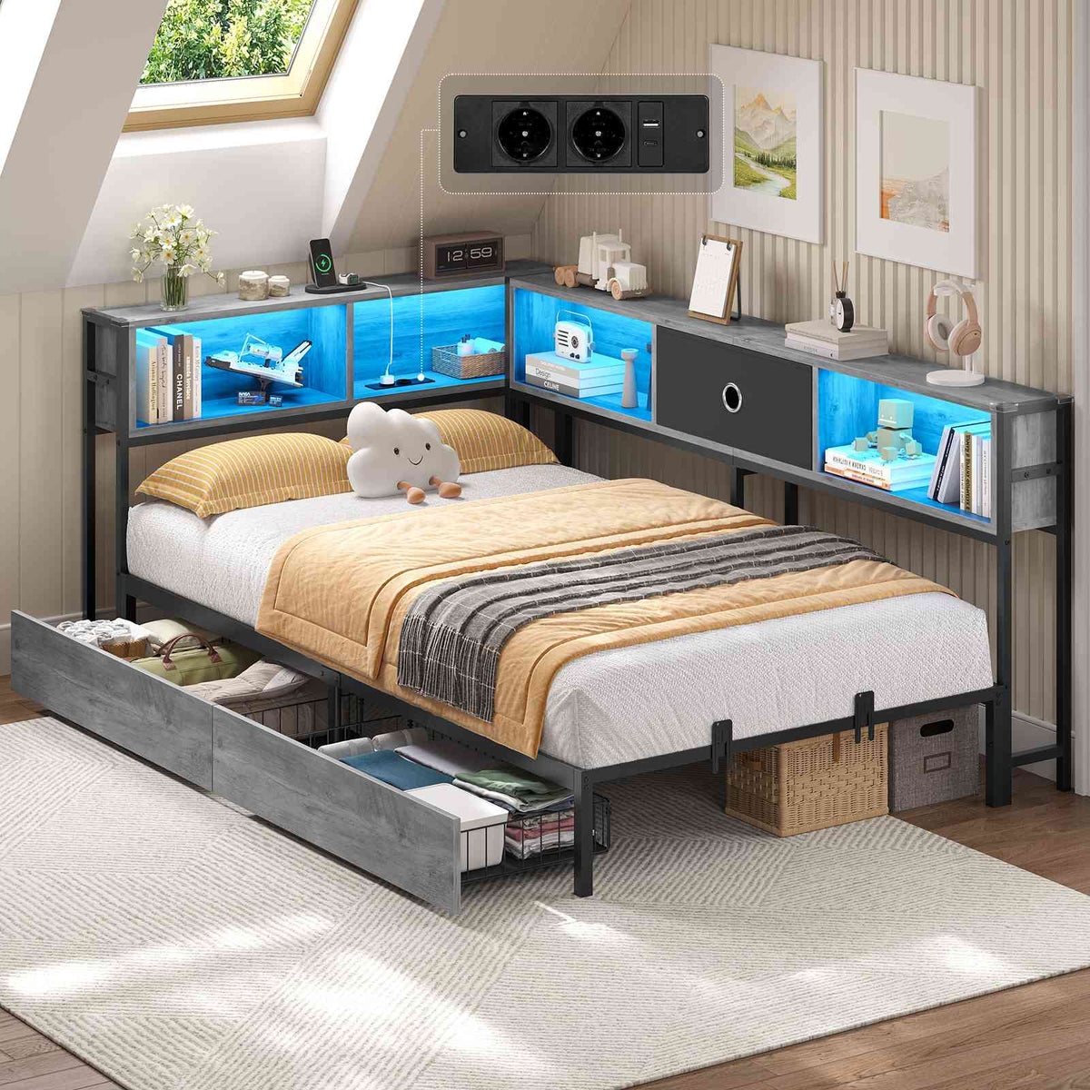 DICTAC Canapé Lit avec éclairage LED et Prise Lits avec sommier en Métal lit Banquette avec 5 Compartiments Rangement