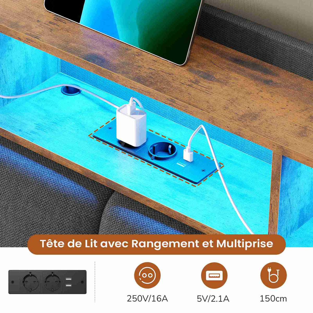 DICTAC Lit Coffre avec Sommier Lumières LED et Prise Cadre de Lit avec Rangement lit 2 Personnes avec Tete de Lits
