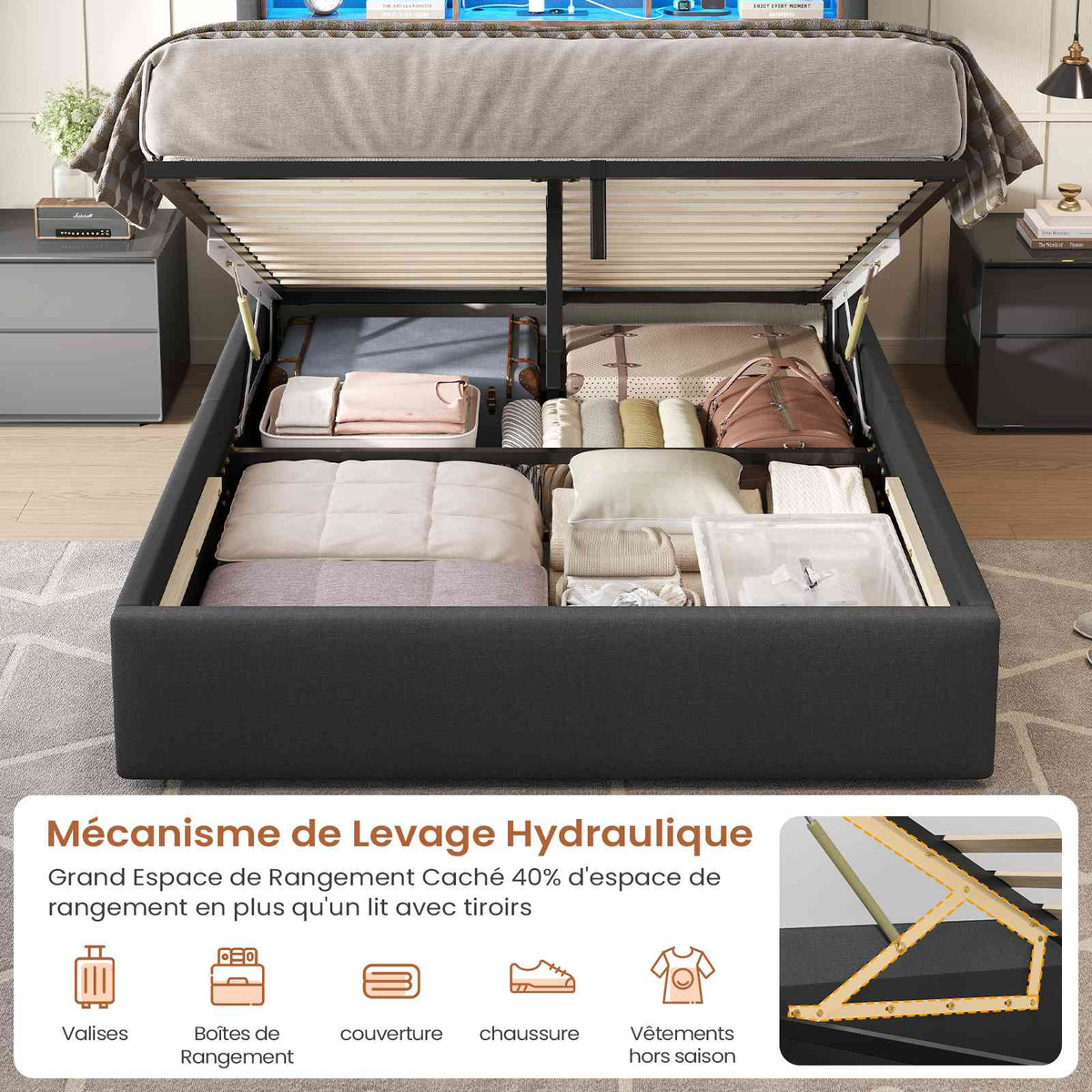 DICTAC Lit Coffre avec Sommier Lumières LED et Prise Cadre de Lit avec Rangement lit 2 Personnes avec Tete de Lits