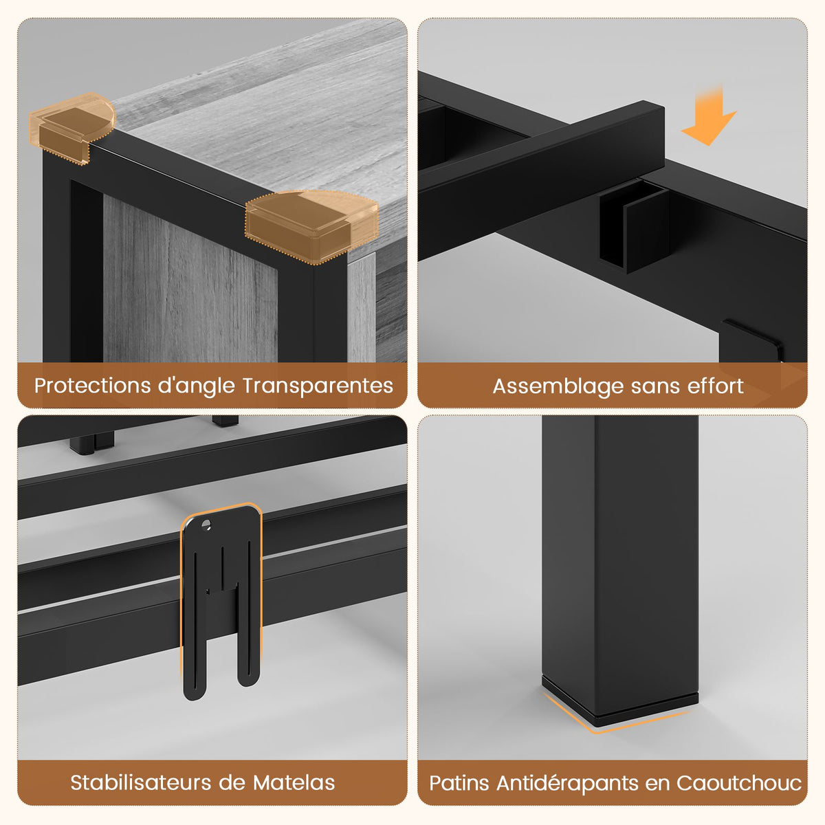 DICTAC Canapé Lit avec éclairage LED et Prise Lits avec sommier en Métal lit Banquette avec 5 Compartiments Rangement