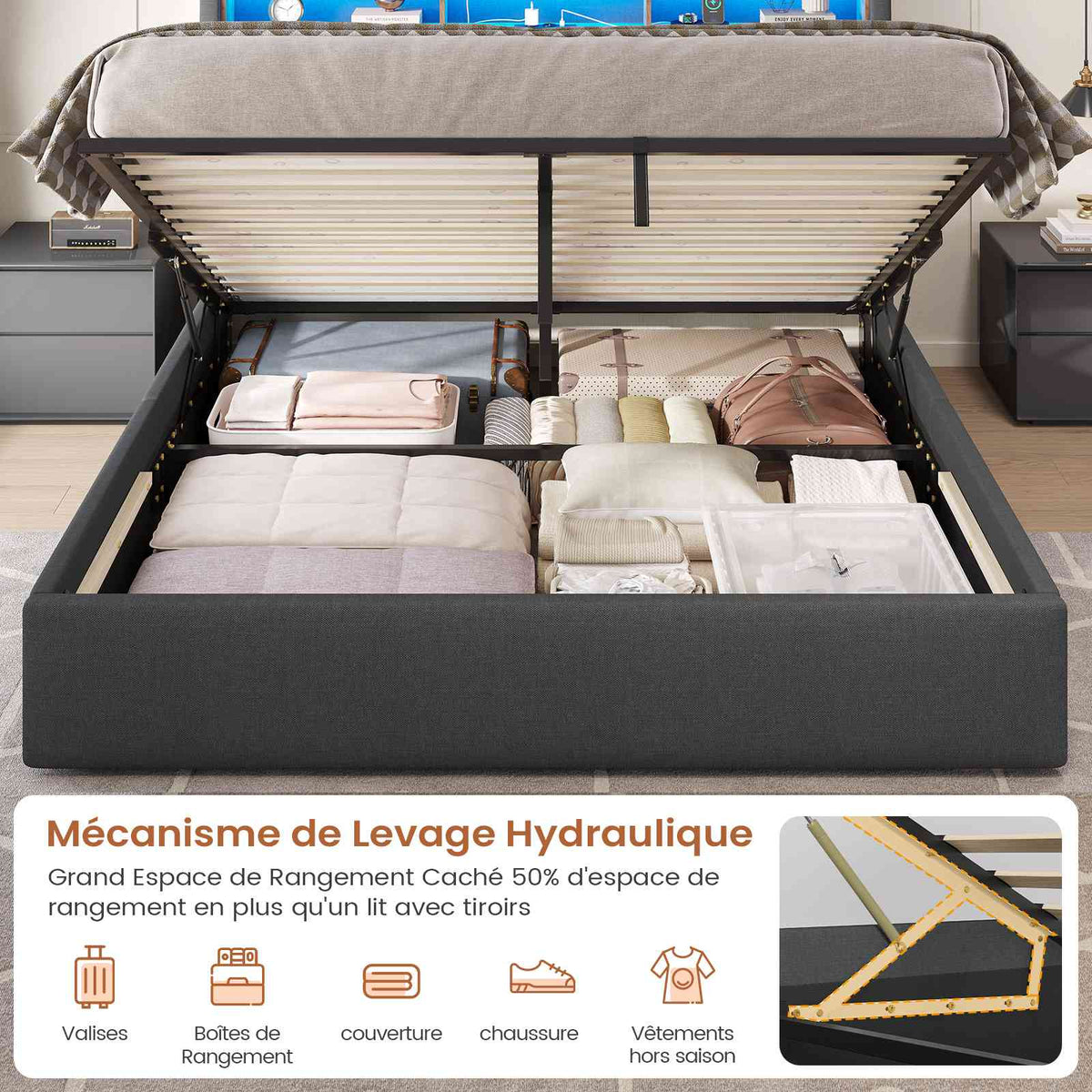 DICTAC Lit Coffre avec Sommier Lumières LED et Prise Cadre de Lit avec Rangement lit 2 Personnes avec Tete de Lits