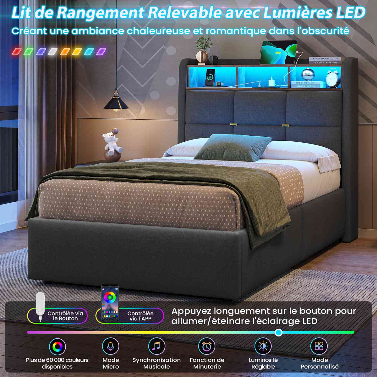 DICTAC Lit Coffre avec Sommier Lumières LED et Prise Cadre de Lit avec Rangement lit 2 Personnes avec Tete de Lits