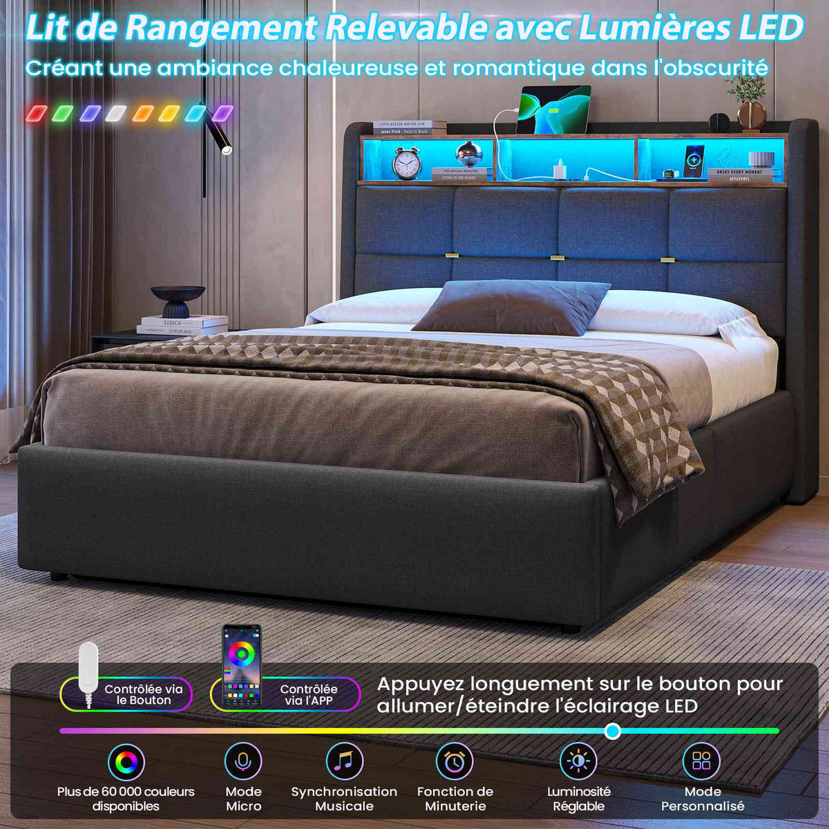 DICTAC Lit Coffre avec Sommier Lumières LED et Prise Cadre de Lit avec Rangement lit 2 Personnes avec Tete de Lits