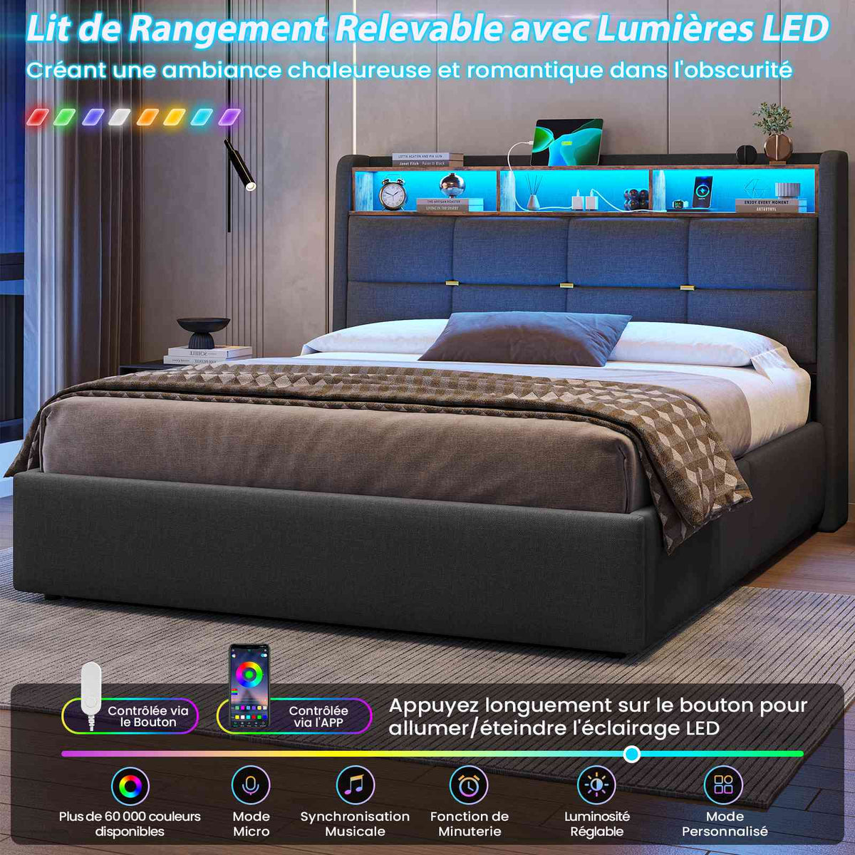 DICTAC Lit Coffre avec Sommier Lumières LED et Prise Cadre de Lit avec Rangement lit 2 Personnes avec Tete de Lits