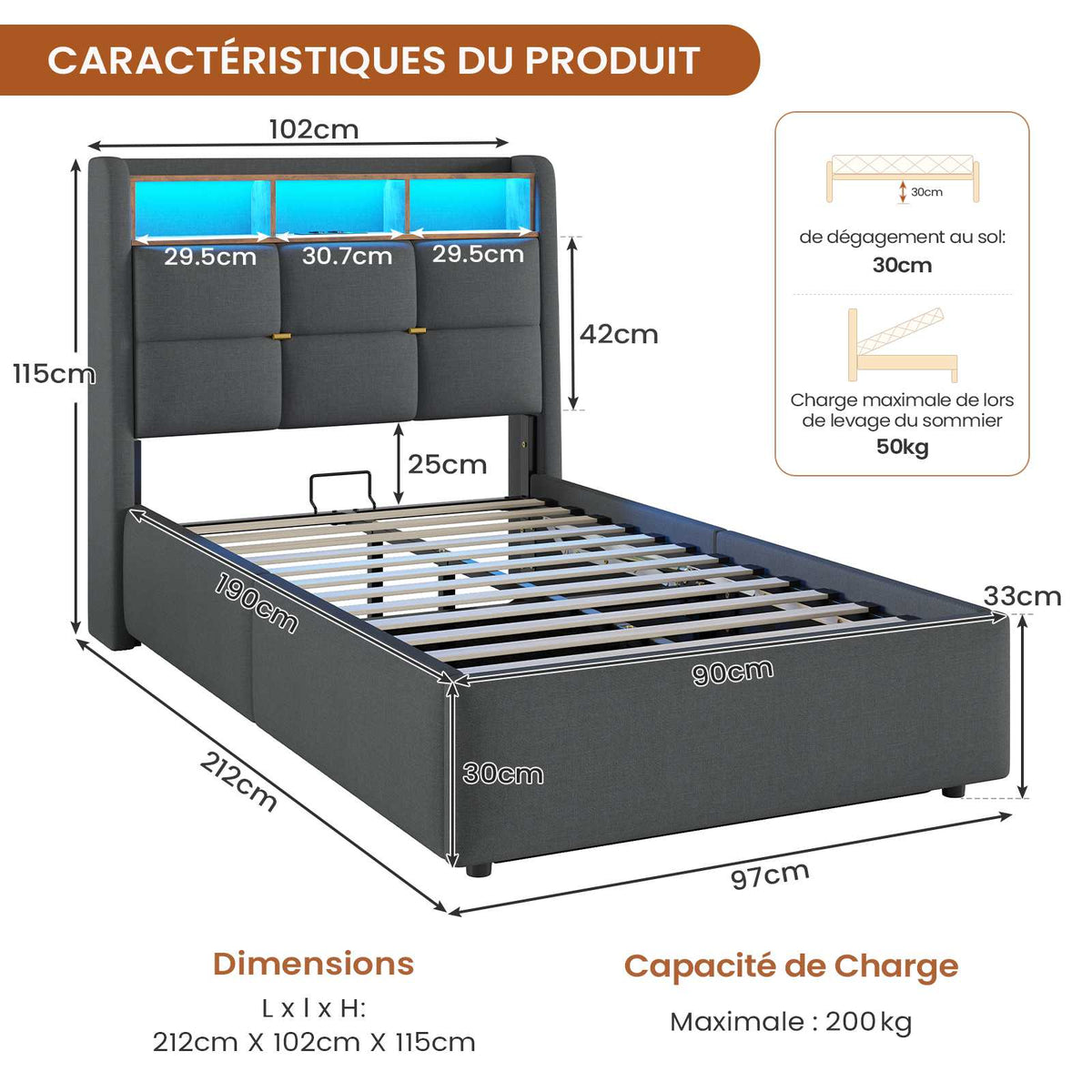DICTAC Lit Coffre avec Sommier Lumières LED et Prise Cadre de Lit avec Rangement lit 2 Personnes avec Tete de Lits