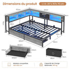 DICTAC Canapé Lit avec éclairage LED et Prise Lits avec sommier en Métal lit Banquette avec 5 Compartiments Rangement