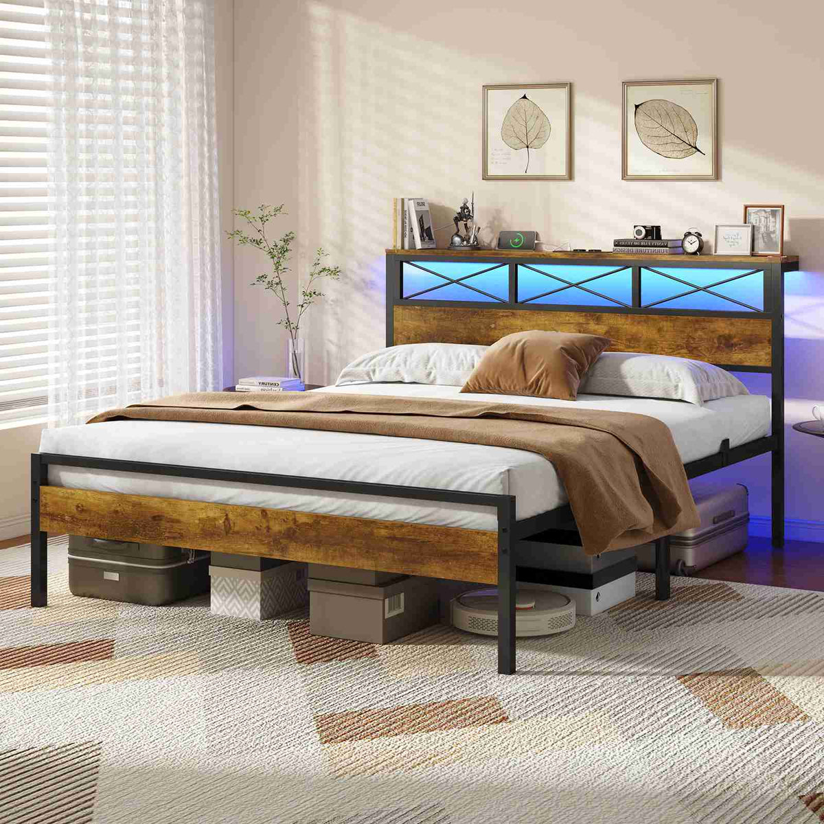 DICTAC Cadre de Lit Métal Lit avec Tête de Lit LED RGB 2 Prises AC 2 Ports USB A  C Étagères de Rangement Style Industriel