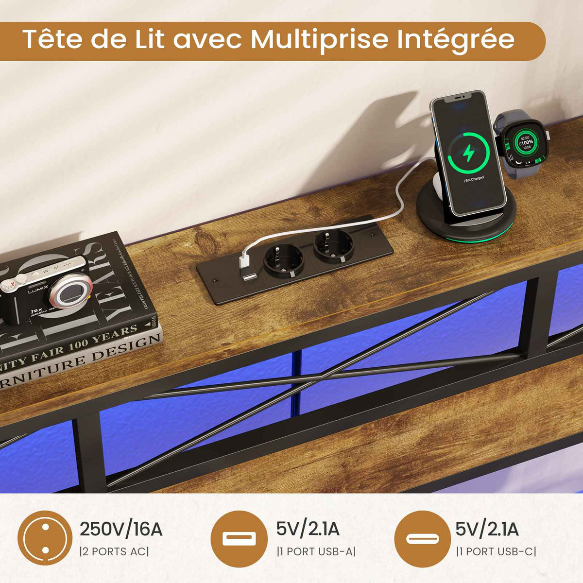DICTAC Cadre de Lit Métal Lit avec Tête de Lit LED RGB 2 Prises AC 2 Ports USB A  C Étagères de Rangement Style Industriel