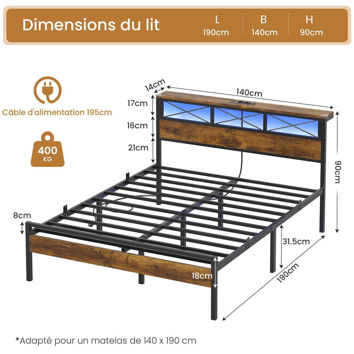 DICTAC Cadre de Lit Métal Lit avec Tête de Lit LED RGB 2 Prises AC 2 Ports USB A  C Étagères de Rangement Style Industriel