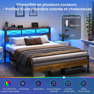 DICTAC Cadre de Lit Métal Lit avec Tête de Lit LED RGB 2 Prises AC 2 Ports USB A  C Étagères de Rangement Style Industriel