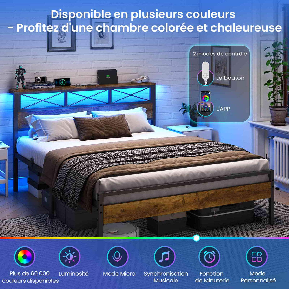 DICTAC Cadre de Lit Métal Lit avec Tête de Lit LED RGB 2 Prises AC 2 Ports USB A  C Étagères de Rangement Style Industriel