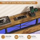 DICTAC Cadre de Lit Métal Lit avec Tête de Lit LED RGB 2 Prises AC 2 Ports USB A  C Étagères de Rangement Style Industriel