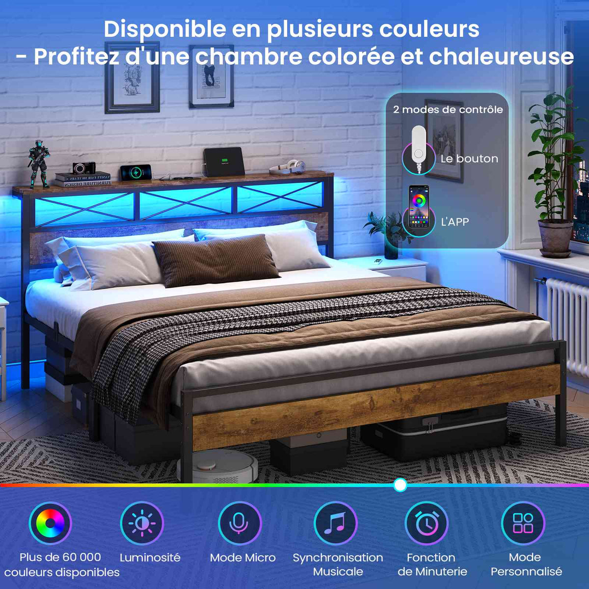 DICTAC Cadre de Lit Métal Lit avec Tête de Lit LED RGB 2 Prises AC 2 Ports USB A  C Étagères de Rangement Style Industriel