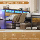 DICTAC Cadre de Lit Métal Lit avec Tête de Lit LED RGB 2 Prises AC 2 Ports USB A  C Étagères de Rangement Style Industriel