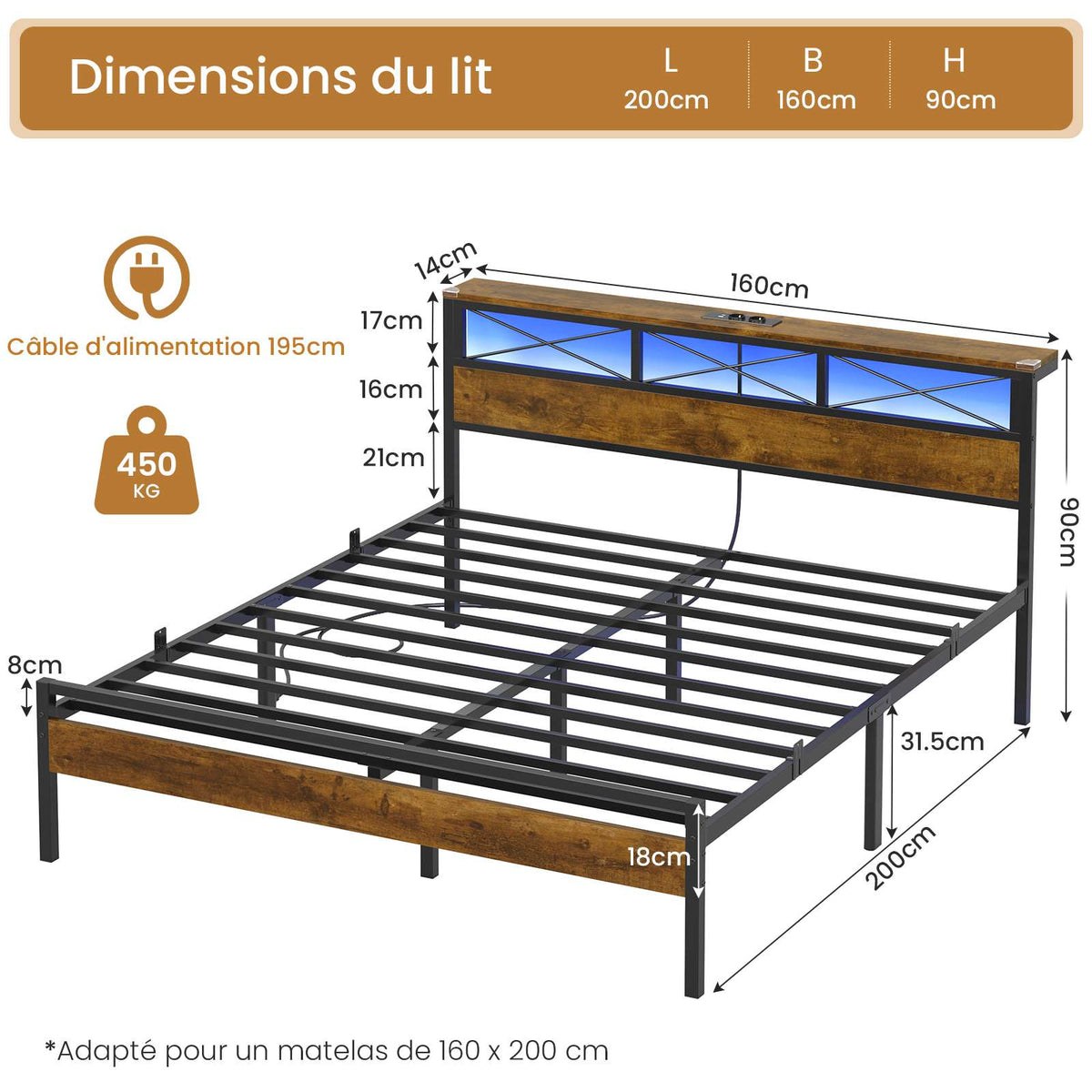 DICTAC Cadre de Lit Métal Lit avec Tête de Lit LED RGB 2 Prises AC 2 Ports USB A  C Étagères de Rangement Style Industriel