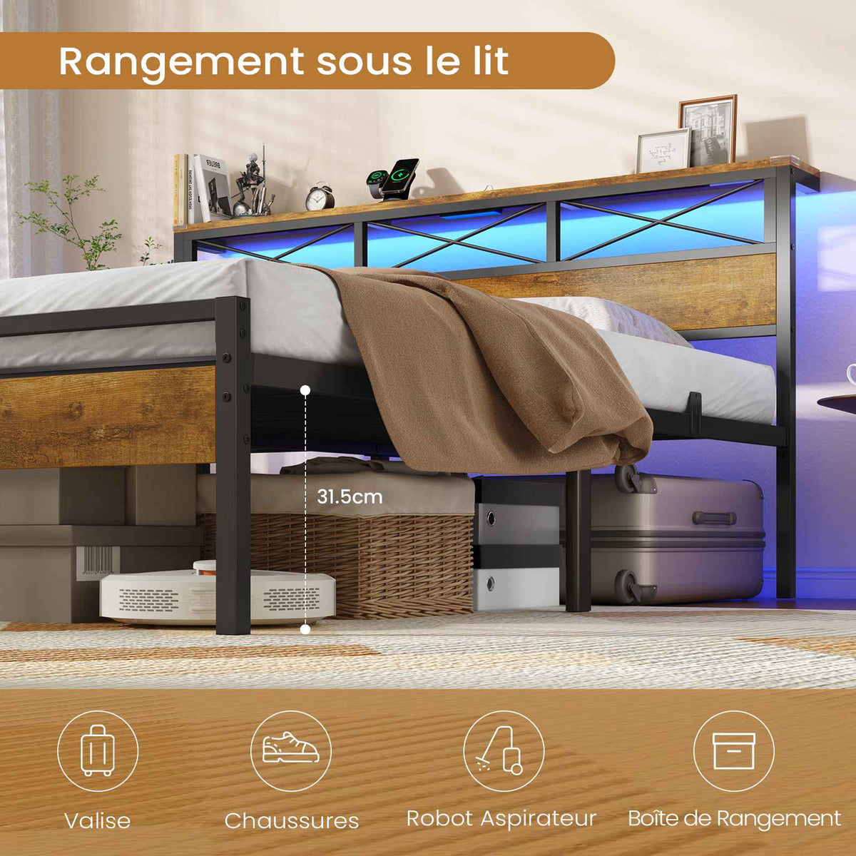 DICTAC Cadre de Lit Métal Lit avec Tête de Lit LED RGB 2 Prises AC 2 Ports USB A  C Étagères de Rangement Style Industriel
