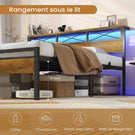 DICTAC Cadre de Lit Métal Lit avec Tête de Lit LED RGB 2 Prises AC 2 Ports USB A  C Étagères de Rangement Style Industriel