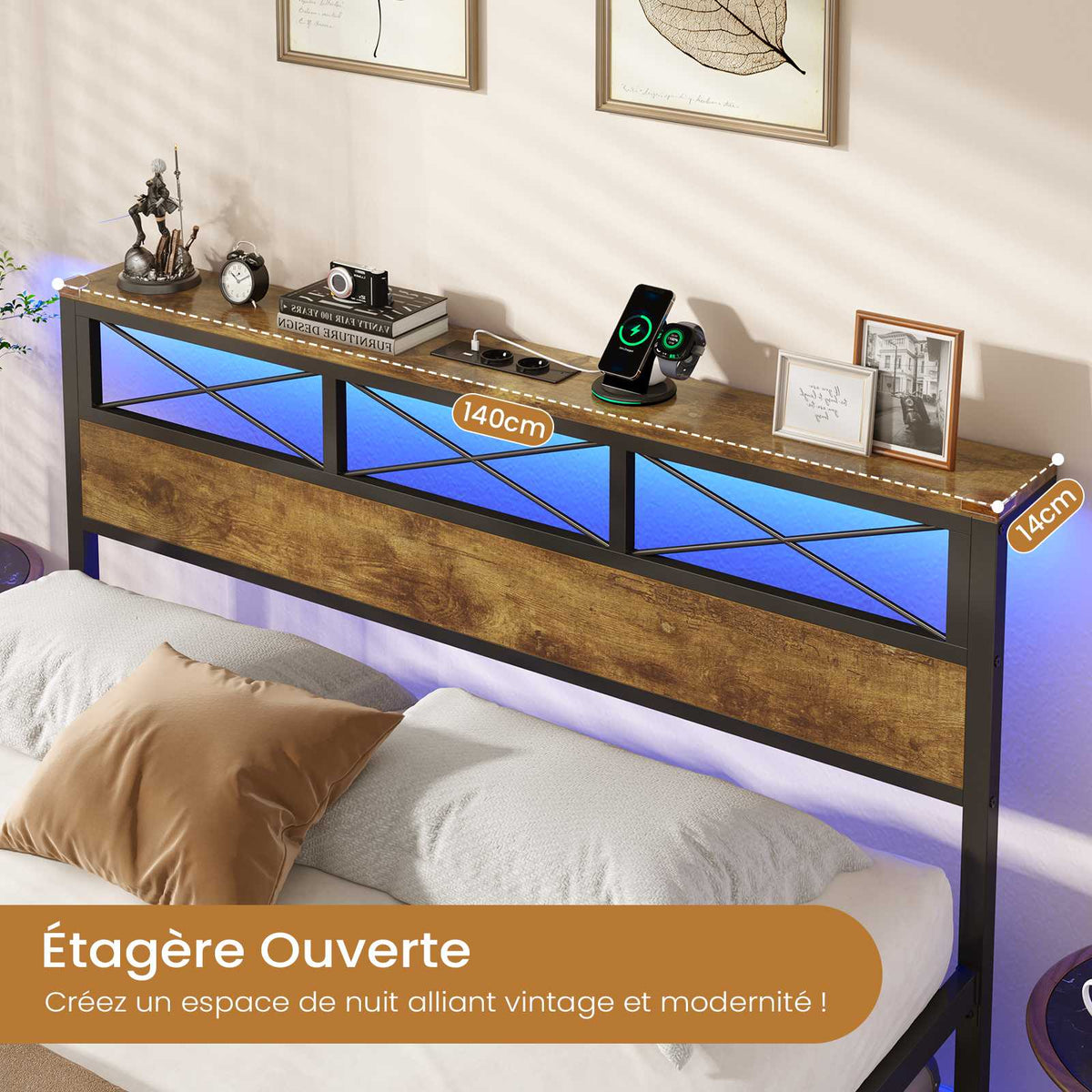 DICTAC Cadre de Lit Métal Lit avec Tête de Lit LED RGB 2 Prises AC 2 Ports USB A  C Étagères de Rangement Style Industriel