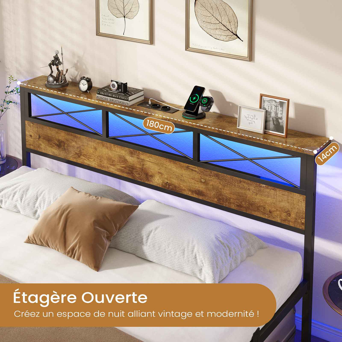 DICTAC Cadre de Lit Métal Lit avec Tête de Lit LED RGB 2 Prises AC 2 Ports USB A  C Étagères de Rangement Style Industriel