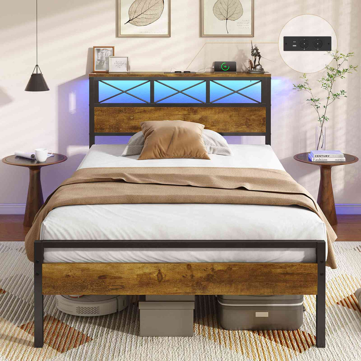 DICTAC Cadre de Lit Métal Lit avec Tête de Lit LED RGB 2 Prises AC 2 Ports USB A  C Étagères de Rangement Style Industriel