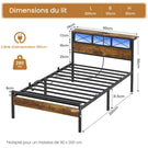 DICTAC Cadre de Lit Métal Lit avec Tête de Lit LED RGB 2 Prises AC 2 Ports USB A  C Étagères de Rangement Style Industriel