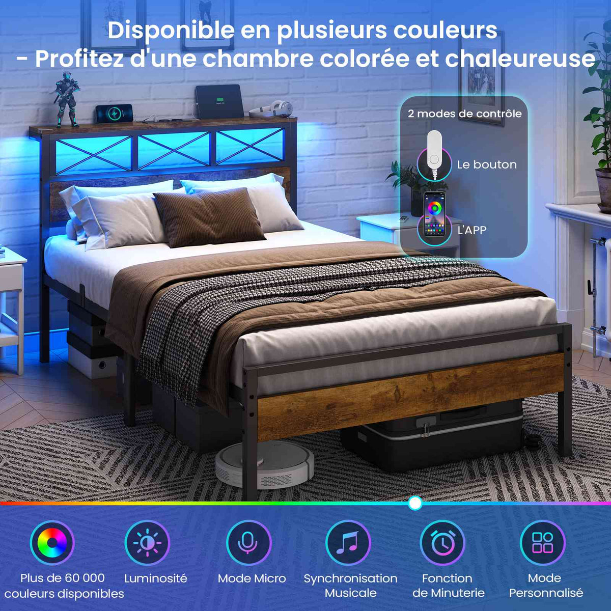 DICTAC Cadre de Lit Métal Lit avec Tête de Lit LED RGB 2 Prises AC 2 Ports USB A  C Étagères de Rangement Style Industriel