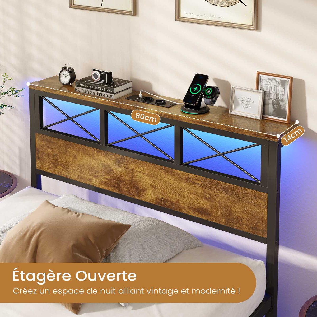 DICTAC Cadre de Lit Métal Lit avec Tête de Lit LED RGB 2 Prises AC 2 Ports USB A  C Étagères de Rangement Style Industriel