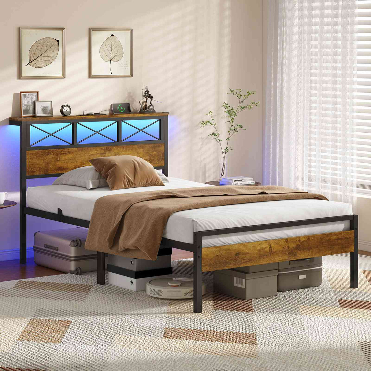 DICTAC Cadre de Lit Métal Lit avec Tête de Lit LED RGB 2 Prises AC 2 Ports USB A  C Étagères de Rangement Style Industriel
