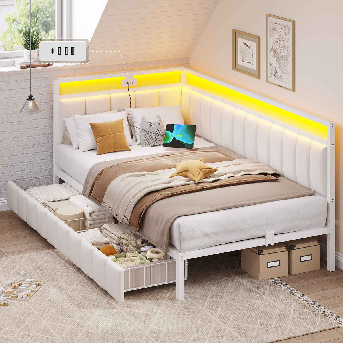 DICTAC Canapé lit avec éclairage LED et Prise USB Cadre de Lits avec Sommier à Lattes en métal Lit Banquette Lits Coffre avec 2 tiroir