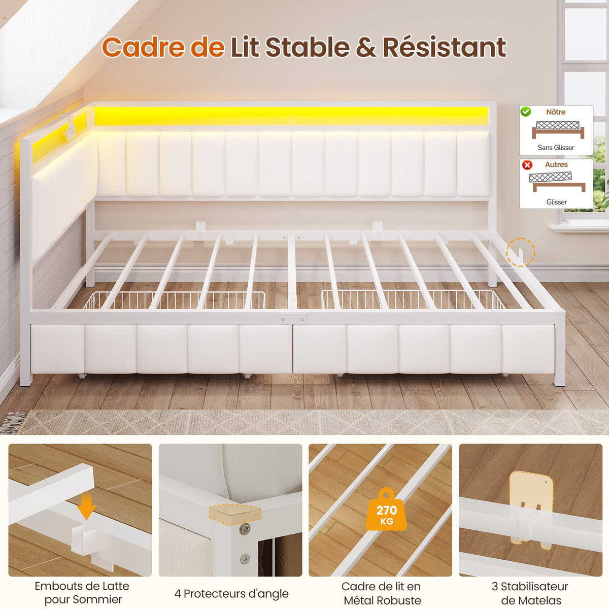 DICTAC Canapé lit avec éclairage LED et Prise USB Cadre de Lits avec Sommier à Lattes en métal Lit Banquette Lits Coffre avec 2 tiroir