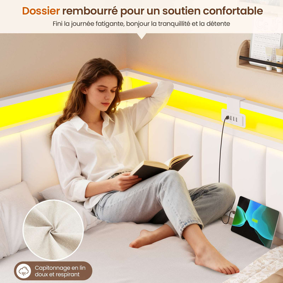 DICTAC Canapé lit avec éclairage LED et Prise USB Cadre de Lits avec Sommier à Lattes en métal Lit Banquette Lits Coffre avec 2 tiroir