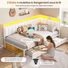 DICTAC Canapé lit avec éclairage LED et Prise USB Cadre de Lits avec Sommier à Lattes en métal Lit Banquette Lits Coffre avec 2 tiroir
