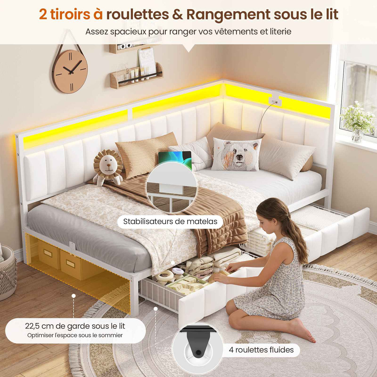 DICTAC Canapé lit avec éclairage LED et Prise USB Cadre de Lits avec Sommier à Lattes en métal Lit Banquette Lits Coffre avec 2 tiroir