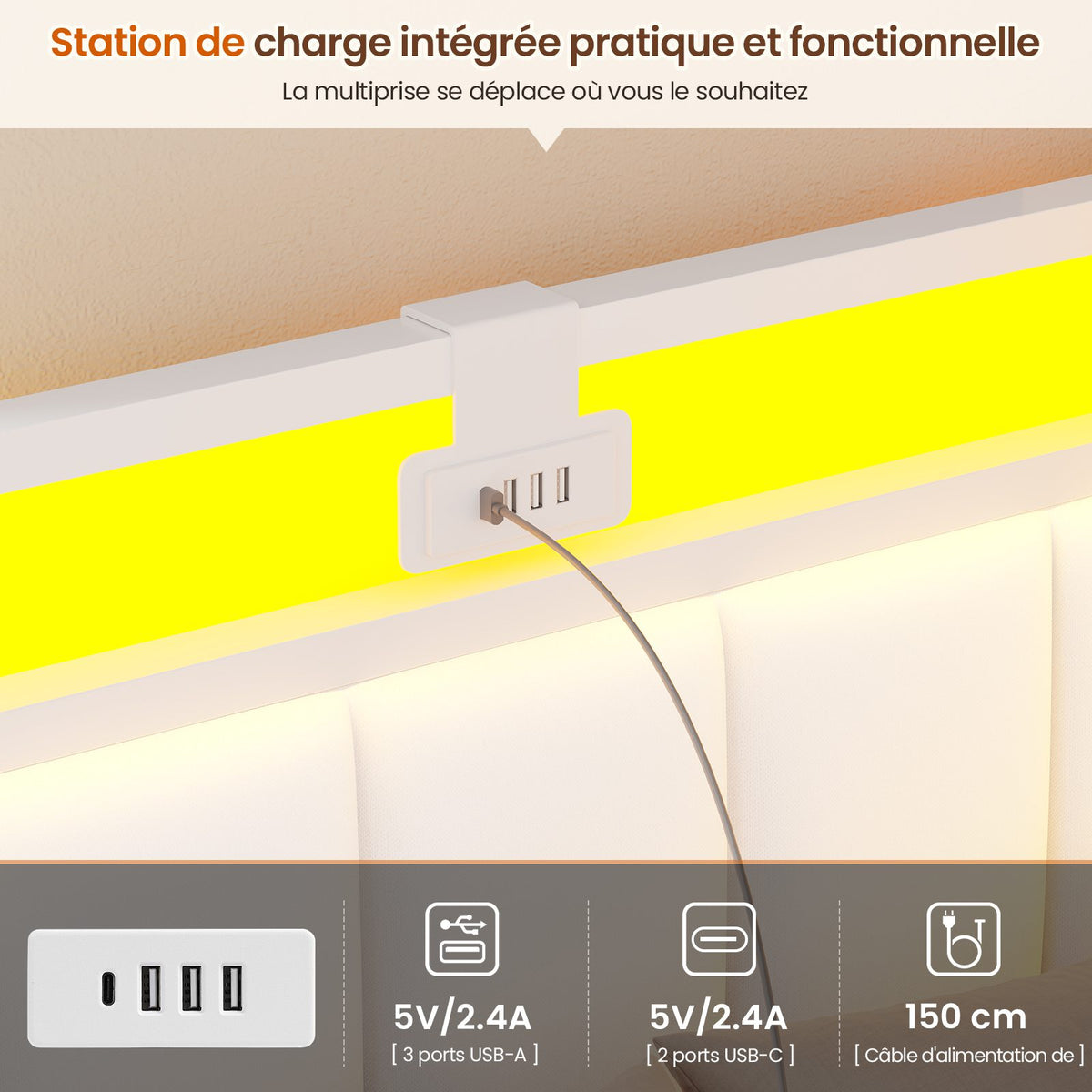 DICTAC Canapé lit avec éclairage LED et Prise USB Cadre de Lits avec Sommier à Lattes en métal Lit Banquette Lits Coffre avec 2 tiroir