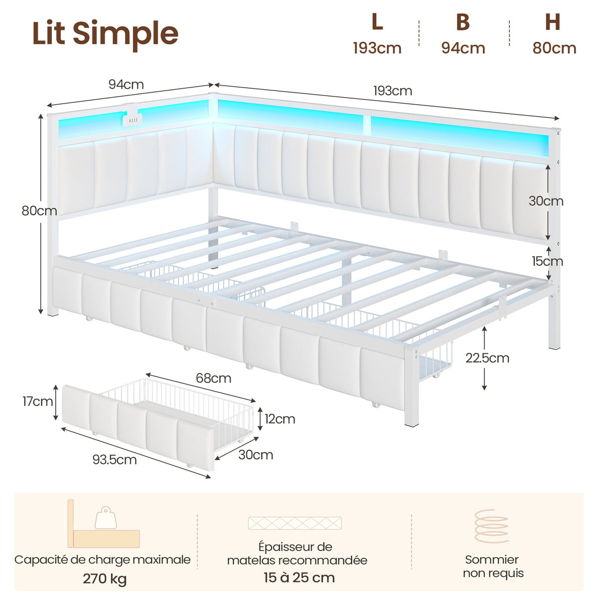 DICTAC Canapé lit avec éclairage LED et Prise USB Cadre de Lits avec Sommier à Lattes en métal Lit Banquette Lits Coffre avec 2 tiroir
