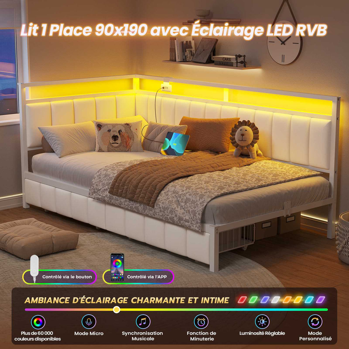 DICTAC Canapé lit avec éclairage LED et Prise USB Cadre de Lits avec Sommier à Lattes en métal Lit Banquette Lits Coffre avec 2 tiroir