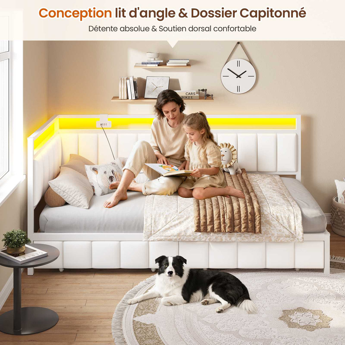 DICTAC Canapé lit avec éclairage LED et Prise USB Cadre de Lits avec Sommier à Lattes en métal Lit Banquette Lits Coffre avec 2 tiroir