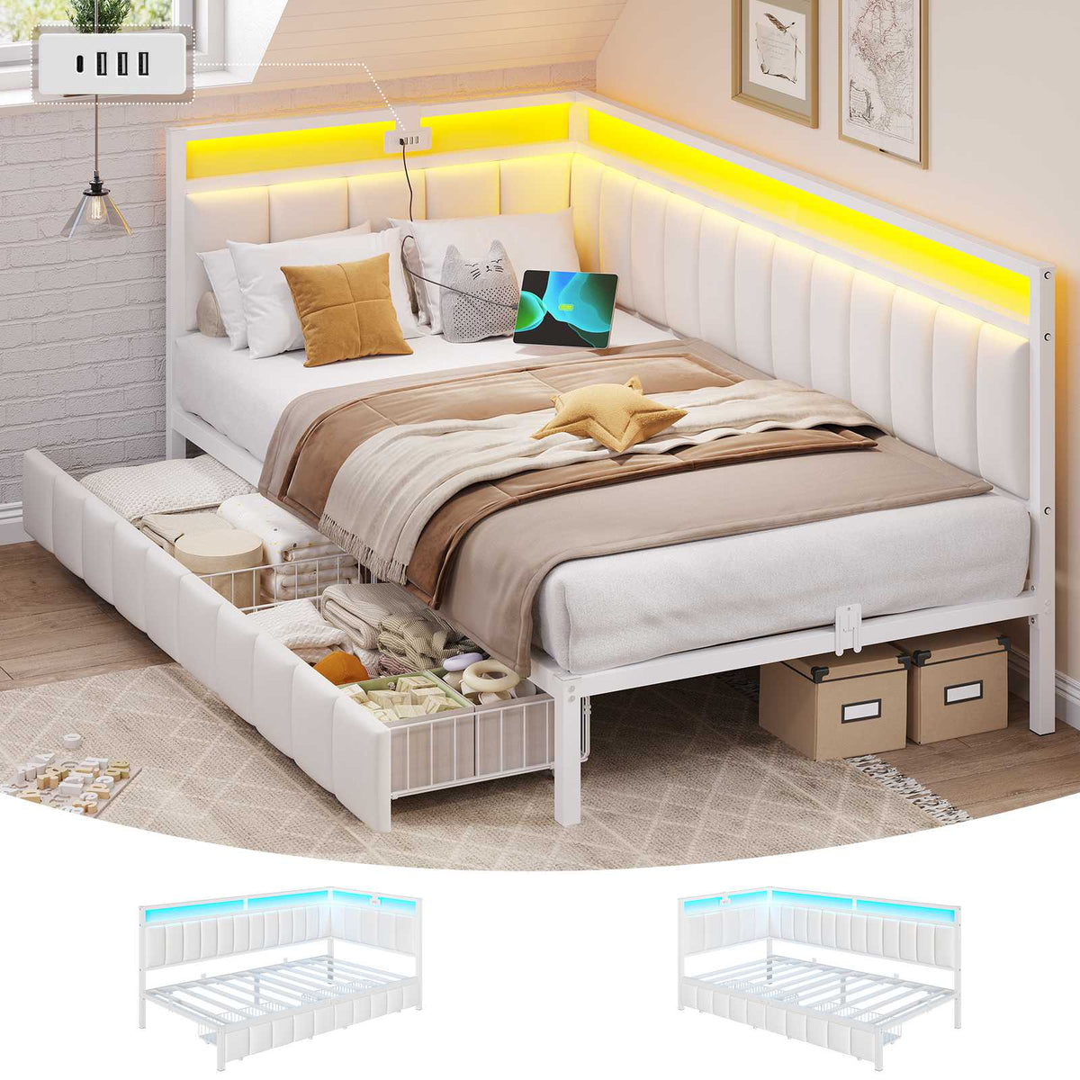 DICTAC Canapé lit avec éclairage LED et Prise USB Cadre de Lits avec Sommier à Lattes en métal Lit Banquette Lits Coffre avec 2 tiroir