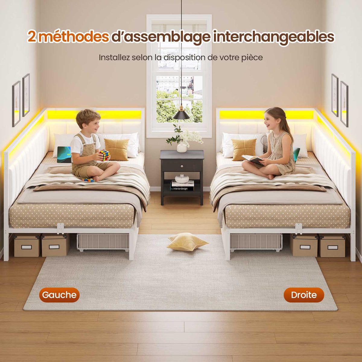 DICTAC Canapé lit avec éclairage LED et Prise USB Cadre de Lits avec Sommier à Lattes en métal Lit Banquette Lits Coffre avec 2 tiroir