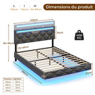 DICTAC Lit avec sommier LED Réglable Lits 2 Places avec Rembourré Tête de Lit Cadre de Lits avec Lattes en Bois et Multiprise
