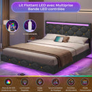 DICTAC Lit avec sommier LED Réglable Lits 2 Places avec Rembourré Tête de Lit Cadre de Lits avec Lattes en Bois et Multiprise