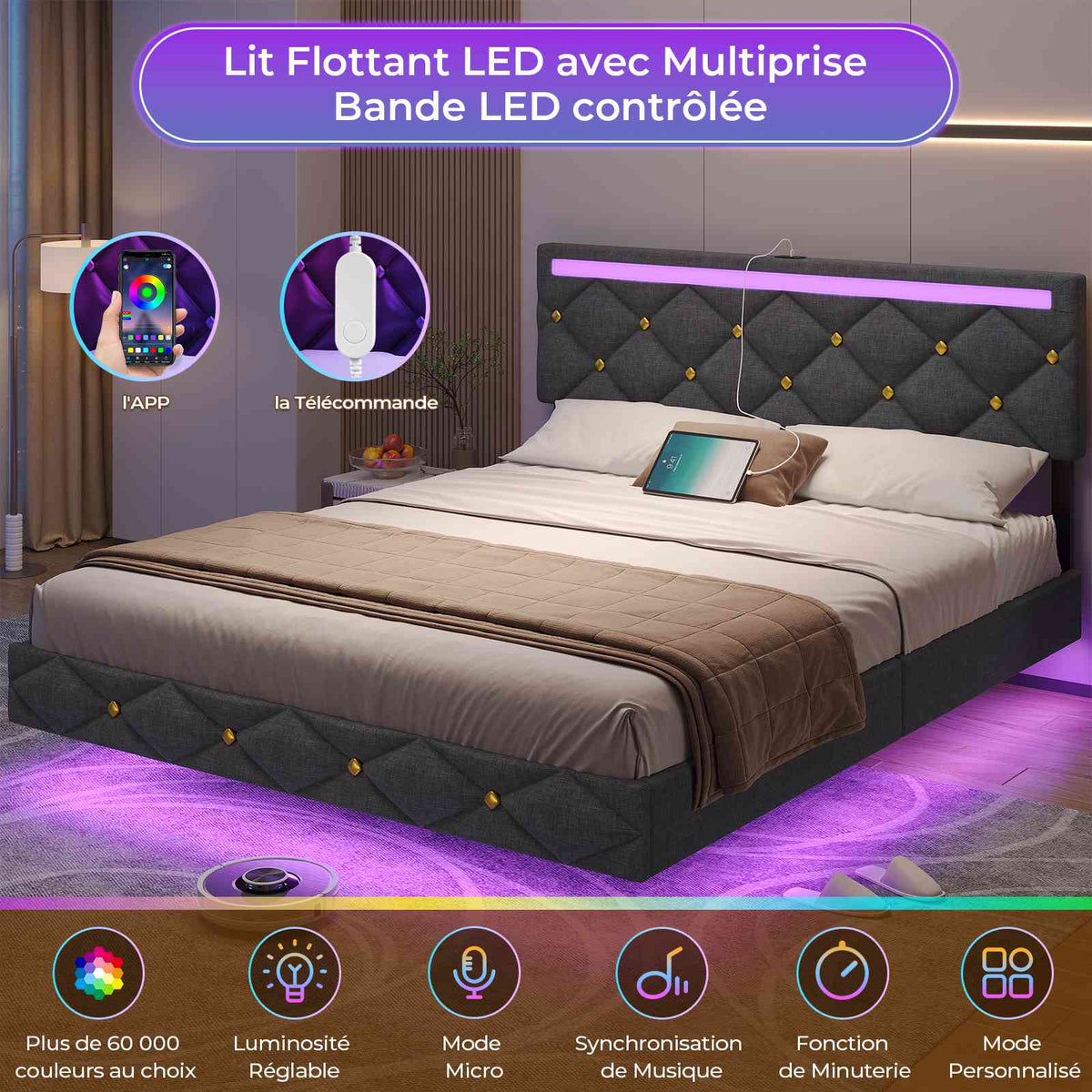 DICTAC Lit avec sommier LED Réglable Lits 2 Places avec Rembourré Tête de Lit Cadre de Lits avec Lattes en Bois et Multiprise