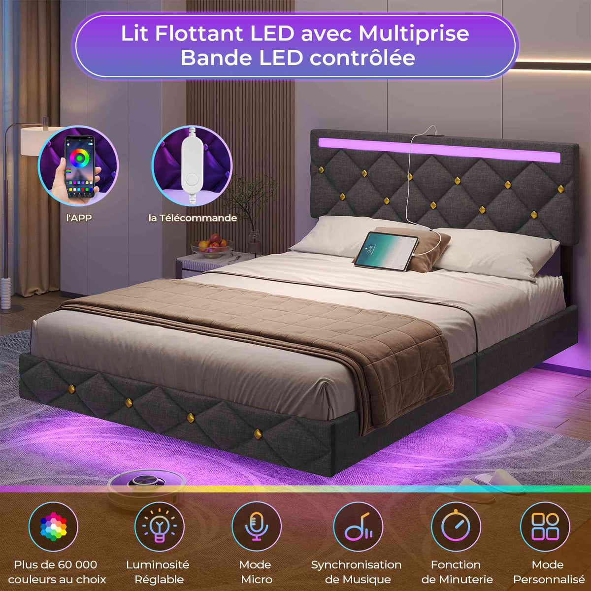 DICTAC Lit avec sommier LED Réglable Lits 2 Places avec Rembourré Tête de Lit Cadre de Lits avec Lattes en Bois et Multiprise