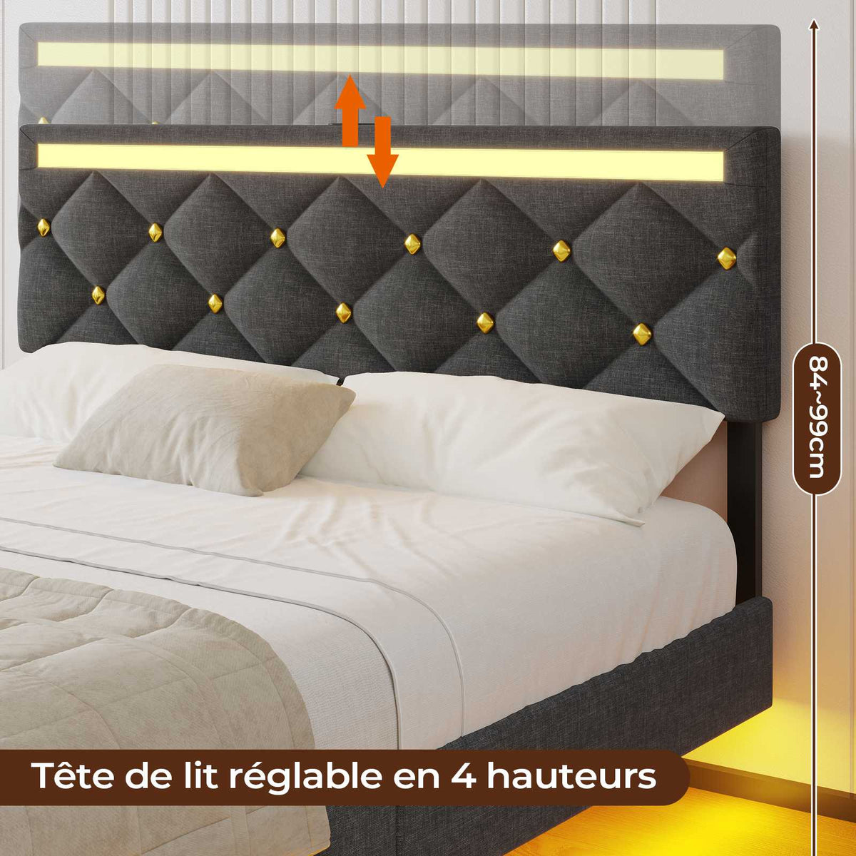 DICTAC Lit avec sommier LED Réglable Lits 2 Places avec Rembourré Tête de Lit Cadre de Lits avec Lattes en Bois et Multiprise
