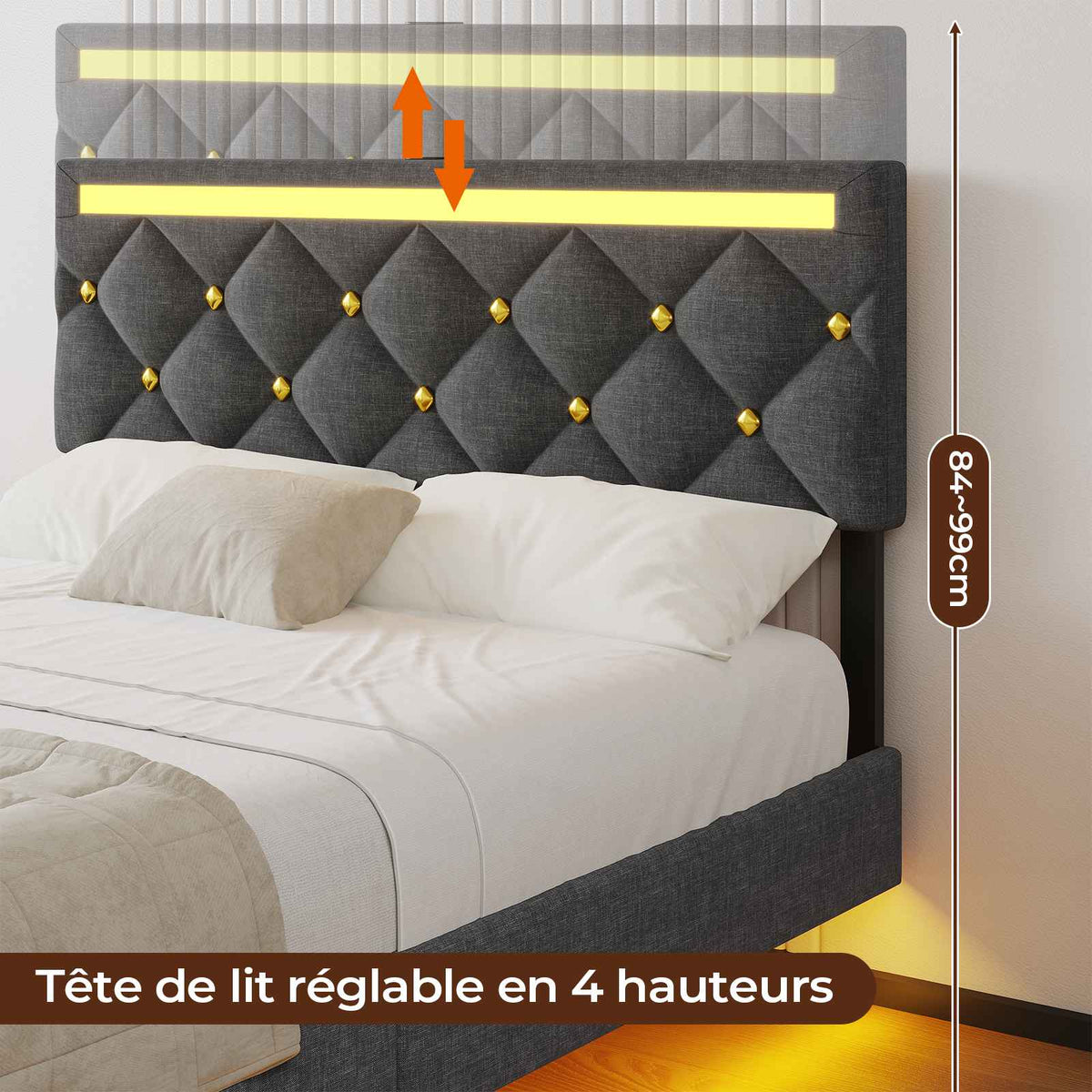 DICTAC Lit avec sommier LED Réglable Lits 2 Places avec Rembourré Tête de Lit Cadre de Lits avec Lattes en Bois et Multiprise